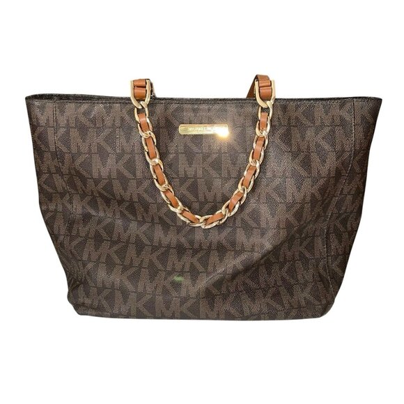 Michael Kors Handbag Brown Signature Harper Large Tote Logo Gold Chain East West - Picture 1 of 13